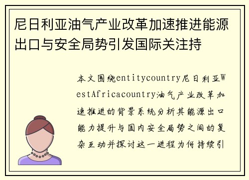 尼日利亚油气产业改革加速推进能源出口与安全局势引发国际关注持